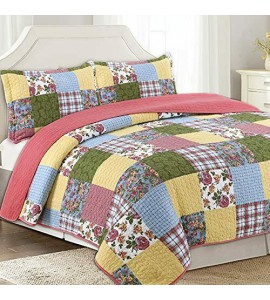 Plaid Floral Patchwork Bedspread Set Queen Quilt Printing Reversible Bedding Plaid Floral Patchwork Bedspread Set Queen Quilt Printing Reversible Bedding