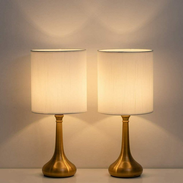Set of 2 Vintage Bedside Lamp White Lampshade Nightstand Light Table Lamp Metal