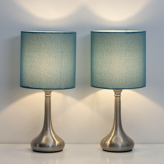 Set of 2 Bedside Table Lamps Modern Design Line Fabric Lampshade Metal Lamp Base